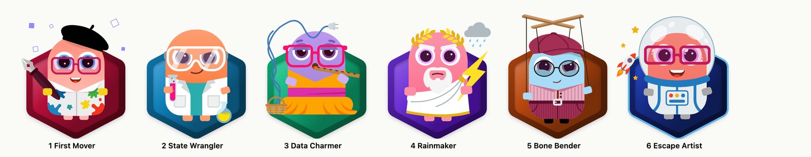 The six badges, named: First Mover, State Wrangler, Data Charmer, Rainmaker, Bone Bender, Escape Artist